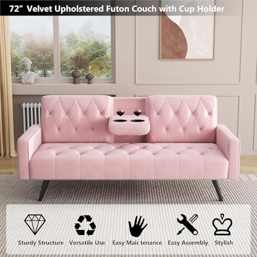 72" Pink Velvet Futon Couch Living Room Couch Bed Convertible Sleeper Sofa Bed with Cup Holder for Bedroom Guest Bed 2 Seater Reclining Sofas Couches with Nailhead Trim for Small Space (Pink) anwickjeff