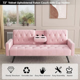 72" Pink Velvet Futon Couch Living Room Couch Bed Convertible Sleeper Sofa Bed with Cup Holder for Bedroom Guest Bed 2 Seater Reclining Sofas Couches with Nailhead Trim for Small Space (Pink) anwickjeff