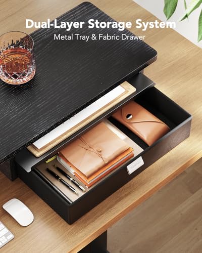 HUANUO Ergonomic Dual Monitor Stand Riser with Steel Tray & Fabric Drawer, Large Desk Organizer with One-Piece Platform, Monitor Stand for Desk, Computer Monitor Stand with Cable Management HUANUO
