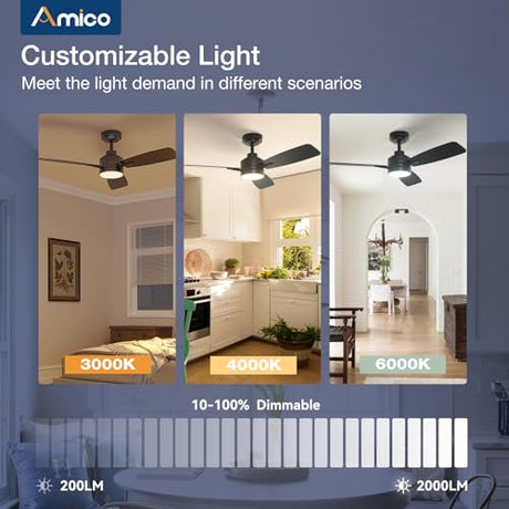 Amico Ceiling Fans with Lights, 44 inch Ceiling Fan with Light and Remote Control, Reversible, 3CCT, Dimmable, Noiseless, Small Black Ceiling Fan for Bedroom, Indoor/Outdoor Use Amico