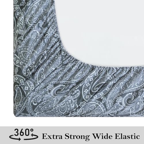KACEMOO Bed Sheets Queen Size, 4 Piece Gray Paisley Sheets, 17" Deep Pocket Floral Pattern Sheets Queen, Soft Luxury Brushed Microfiber Sheets, Easy Care Breathable Bedding Set KACEMOO