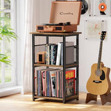 Simple Trending Record Player Stand, 3 Tiers Tall Side Table, Turntable Table with Vinyl Record Storage Up to 200 Albums, Rustic Brown Simple Trending