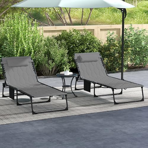 Outsunny Padded Folding Chaise Lounge Chair Outdoor Set of 2, 5-Level Reclining Patio Loungers, Tanning Chairs with Side Pocket, Headrest and Carrying Handle for Beach, Yard, Patio, Gray