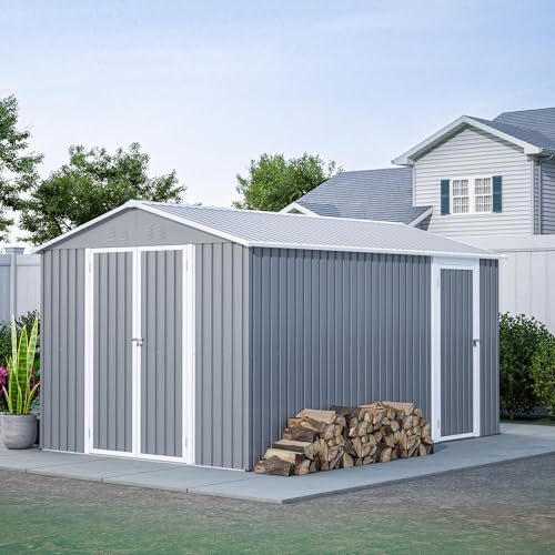 Ball & Cast 8x12 FT Storage Shed with 2 Lockable Doors,All Weather Outdoor Metal Tool House W/Floor Frame and 2 Vents,for Backyard,Patio,Lawn,Garden,Grey