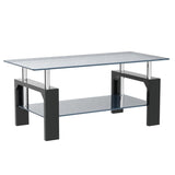 Btrpily Living Room Rectangle Coffee Table, Tea Table Suitable for Waiting Room, Modern Side Coffee Table with Wooden Leg, Glass Tabletop with Lower Shelf, 39.5D x 23.5W x 17.5H in, Black Btrpily