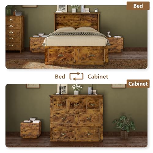 AMERLIFE Twin Size Murphy Bed, Farmhouse Wooden Cabinet with Charging Station and Storage Drawer for Bedroom/Office/Guest Room, Rustic Brown AMERLIFE