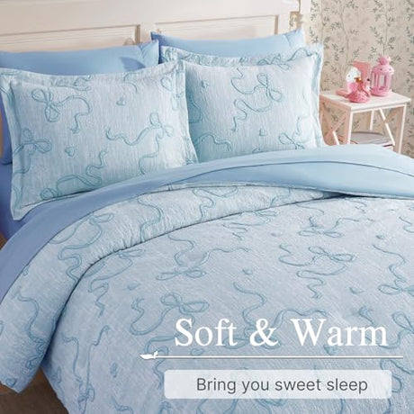 Geniospin Light Blue Full Comforter Set for Girls- 7 Pieces Bowknot Jacquard Bed in A Bag Full Bedding Sets with Sheets, Pillowcases & Shams, All Season Kids Comforter Set Geniospin