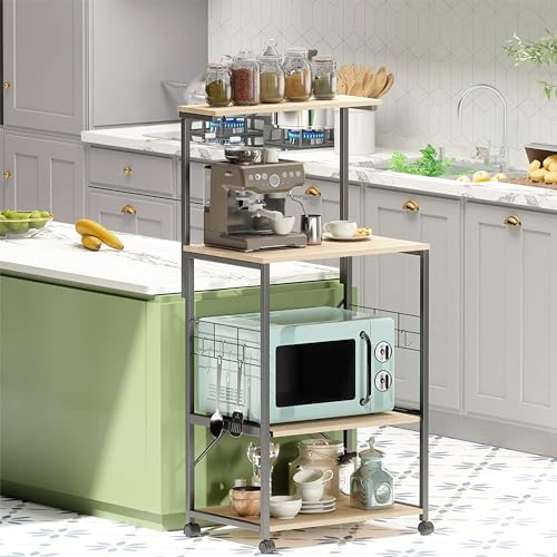 Bestier 4 Tier Shelves Portable Utility Kitchen Storage Baker's Rack Organizer Cart Stand with Adjustable Wheels and Side Hooks, 49 Inch, Oak