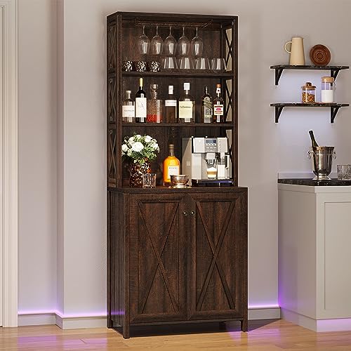 YITAHOME Bar Wine Cooler, 67" Tall Kitchen Storage Cabinet with Wine Rack, Open Storage Shelves, Farmhouse Kitchen Storage Cabinet with Wooden Doors for Living Room, Living Room, Brown - WoodArtSupply