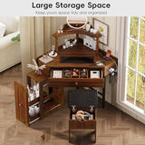 Merax Corner Vanity Desk Set with Storage Cushioned Stool & Charging Station, Triangle Makeup Desk with Removable Pull-Out Side Cabinet, Glass Tabletop Makeup Vanity with Drawer & Shelf, Walnut Merax