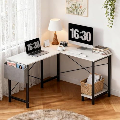 Alpen L Shaped Gaming Desk, Small Computer Desk, 50 Inch Wide Corner Desk, Work from Home Desk, Study Table for Bedrooms, PC Writing Table with Storage and Reversible Shelf, White Alpen