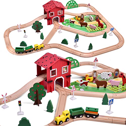 FUN LITTLE TOYS 77PCS Wooden Train Set Toy Train for Boys & Girls with Wood Train Track Fits Major Brand, Wooden Farm Play Set for Kids Wooden Toys FUN LITTLE TOYS