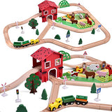 FUN LITTLE TOYS 77PCS Wooden Train Set Toy Train for Boys & Girls with Wood Train Track Fits Major Brand, Wooden Farm Play Set for Kids Wooden Toys FUN LITTLE TOYS