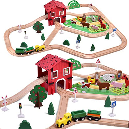 FUN LITTLE TOYS 77PCS Wooden Train Set Toy Train for Boys & Girls with Wood Train Track Fits Major Brand, Wooden Farm Play Set for Kids Wooden Toys