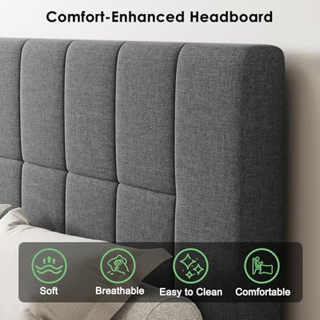 Marsail Full Size Bed Frame with Headboard, Sturdy and Durable with 12 Support Legs, 1300 lbs Capacity, Solid Wooden Upholstered Adjustable Headboard for 6"-12" Mattresses, Easy Assembly,Dark Gray Marsail
