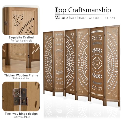 Asnefeli Wood Room Divider Wall and Folding Privacy Screen, 5.6 FT Tall Room Divider 6 Panel, Foldable Divider Panel, Environmentally Friendly Carved Privacy Divider for Home Bedroom Office (Brown) Asnefeli