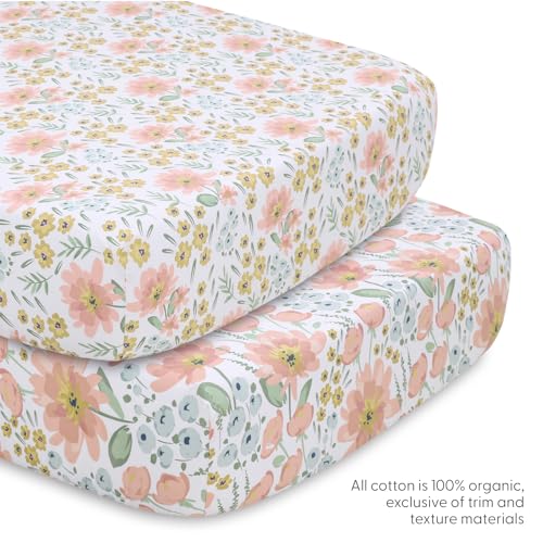 The Peanutshell 4 Piece Organic Cotton Baby Crib Bedding Set for Girls - Newborn, Infant & Toddler Nursery Bed Set Decor with Two Crib Sheets, Dust Ruffle Comforter - Wildflower The Peanutshell