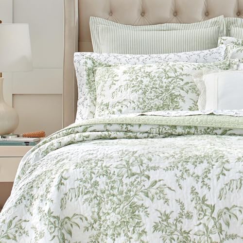 Laura Ashley - Twin Quilt Set, Reversible Cotton Bedding with Matching Sham, Lightweight Home Decor for All Seasons (Bedford Green/Off-White, Twin) Laura Ashley