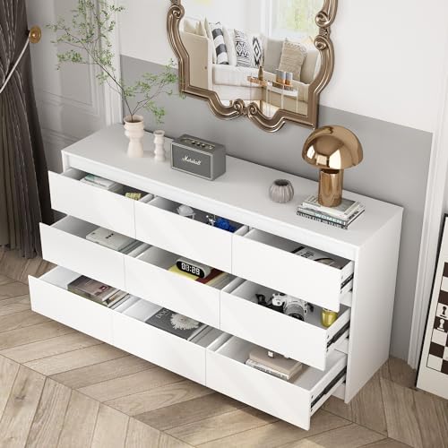 Hitow 9 White Drawer Dressers, Modern Large Dresser for Bedroom Organize, Wooden Long Dresser with 9 Handle Free Drawers, Storage Chest of Drawers for Living Room Home Office (63" W) Hitow