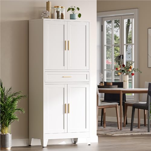 XIOMIOHTRQ Metal Storage Cabinet, 71” Tall Kitchen Pantry Cabinets, Steel File Cabinet with 4 Doors & Adjustable Shelves and Drawer for Kitchen, Dining Room, Living Room, Bathroom XIOMIOHTRQ