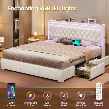 BTHFST King Upholstered LED Bed Frame with 5 Drawers, Velvet Hidden Storage Headboard with Charging Station, Button Tufted Headboard and Heavy Duty Metal Slats Support, No Box Spring Needed, Beige BTHFST