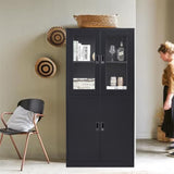 SISESOL Display Cabinet with Glass Doors and Lock,Black Metal Storage Cabinet,Freestanding Locking Kitchen Pantry Cabinets with Doors and Shelves for Home Office,Pantry,Kitchen Bathroom SISESOL