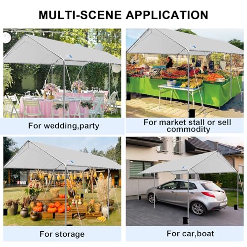 Carport Canopy 10'x20' Heavy Duty Carport, Waterproof & UV Protected Garage Top Tarp Shelter Cover with Reinforced Steel Cables, Outdoor Portable Garage for Car, Boat Tent, Light Grey - WoodArtSupply