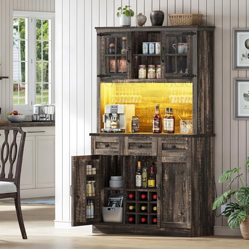 DWVO Coffee Bar Cabinet with Power Outlet/Lights, 72" Farmhouse Pantry Cabinet with Storage Shelves and 3 Drawers, Tall Liquor Cabinet Bar Cabinets for Home/Living Room, Dark Rustic Oak DWVO
