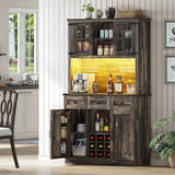 DWVO Coffee Bar Cabinet with Power Outlet/Lights, 72" Farmhouse Pantry Cabinet with Storage Shelves and 3 Drawers, Tall Liquor Cabinet Bar Cabinets for Home/Living Room, Dark Rustic Oak DWVO