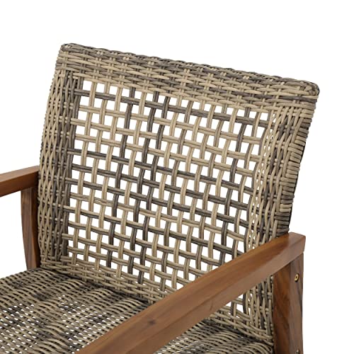 Christopher Knight Home Hampton Outdoor Mid-Century Wicker Club Chairs with Acacia Wood Frame, 4-Pcs Set, Natural Stained / Grey - WoodArtSupply