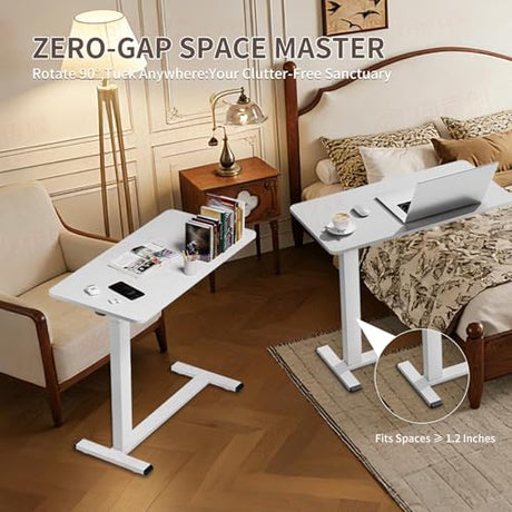 Ywin Medical Adjustable Overbed Bedside Table with Wheels, Rolling Standing Desk, Pneumatic Small Side Bed Table with Tray for Couch, Hospital, Home,Office Use (White) Ywin