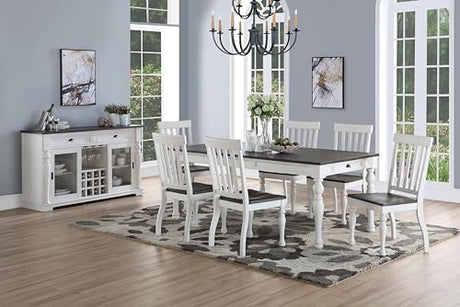Steve Silver Furniture Joanna 7pc Dining Set, Two Tone Dark Oak/Ivory Finish, 64"-80" w/ 18" Leaf and 6 Stoolhouse Styled Slat Back Side Chairs, Dining Room, 64" L x 40" W x 30" H, White Steve Silver