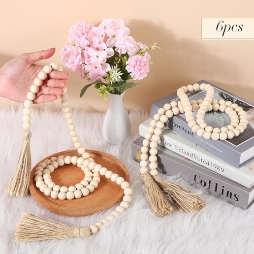 Geetery 6 Pcs Beads 58'' Wood Bead Garland with Tassels Rustic Country Decor Prayer Boho Beads Big Wall Hanging Decor Farmhouse Beads Versatile Prayer Beads for Home Wall Table Decor (White)