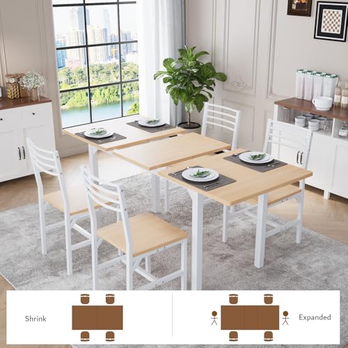 VOWNER 63” Extendable Dining Table Set for 4-6 People, 5-Piece Dining Table Set for 4 People with 4 Chairs, Kitchen Table Set with MDF Board and Metal Frame, for Small Space, Apartment, Nature Wood VOWNER