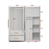 FUNISIR 4 Doors Bedroom Wardrobe, Wood Armoire with 2 Clothes Hanging Rails, 4 Storage Shelves and 2 Drawers, 63“ Wide Bedroom Storage Unit Clothes Organized Closet, White(70.9" H) FUNISIR