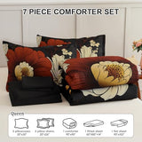 Xruibed Black Floral Comforter Set Queen Size 7 Pieces Bed in a Bag Flower Bedding Sets Lightweight Boho Bed Set with Sheet,Pillowcases&Shams for All Season Xruibed