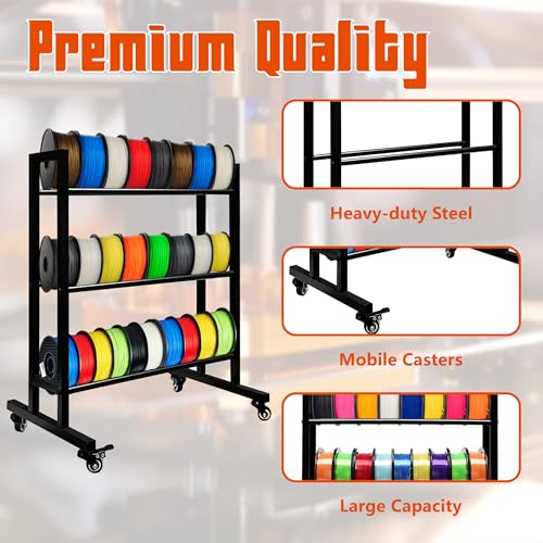 Koretech Filament Storage, 3D Printer Filament Storage Rack, Rolling Filament Spool Holders Racks with Wheels, Heavy Duty Metal 3 Tier Shelf for PLA/ABS/TPU/Nylon, Filaments Organzied for 3D Printing