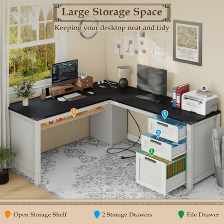 Halitaa Farmhouse L Shaped Executive Desk with Drawers and Storage Shelf, Corner Standing Desk with Charging Station L-Shaped Executive Desks for for Home Office, Study, Bedroom Halitaa