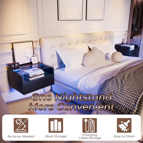 Black Floating Nightstand Set of 2 with Charging Station, 18.9" Extended Bedside End Table with Drawer and LED, Modern Wall Mounted Night Stand Side Table with Open Shelf for Bedroom MULEJYBO