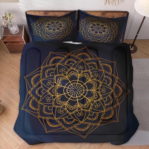 WeCozy Queen Size Comforter Set with 2 Pillowcases, Navy Blue Boho Gold Mandala Soft 3 Pcs Bedding for Kids and Adults Bedroom Bed Decor WeCozy