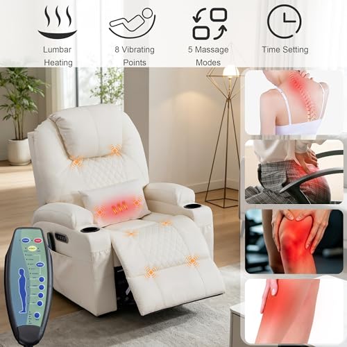 AHMED Rocking Recliner Nursery Chair, Dual Motor Power Swivel Glider Recliner with Heat & Massage, Nursery Recliner Chair with USB A/C Ports, Cup Holders & LED Light for Living Room & Bedroom, Beige