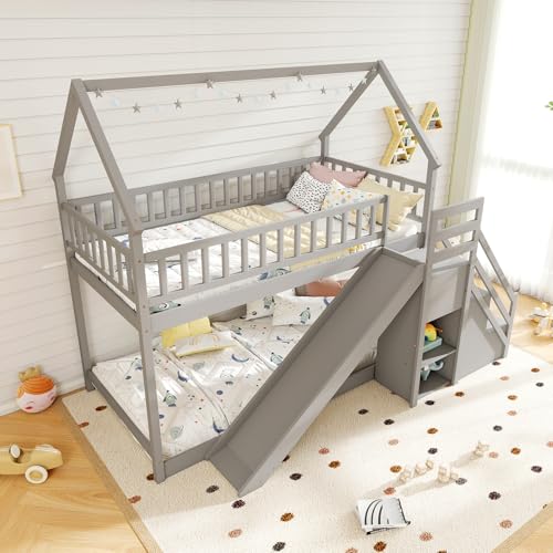 Giantex House Bunk Bed Twin Over Twin with Slide & Stairs, Wood Bunk Bed with Storage Shelves, No Box Spring Needed, Twin Floor Bed for Kids Teens Boys Girls (Grey) Giantex