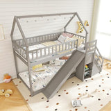 Giantex House Bunk Bed Twin Over Twin with Slide & Stairs, Wood Bunk Bed with Storage Shelves, No Box Spring Needed, Twin Floor Bed for Kids Teens Boys Girls (Grey) Giantex