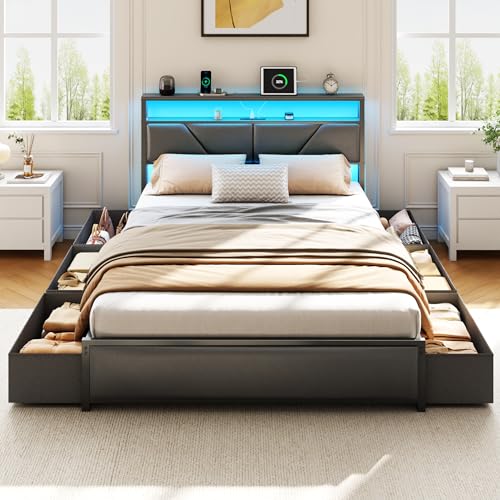 OURPIC Queen Bed Frame, 2-Tier Storage Headboard & 6 Drawers, PU Leather Upholstered Queen Size Platform Bed with Charging Station and LED Lights, No Box Spring Needed, Noise Free OURPIC
