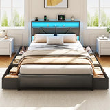 OURPIC Queen Bed Frame, 2-Tier Storage Headboard & 6 Drawers, PU Leather Upholstered Queen Size Platform Bed with Charging Station and LED Lights, No Box Spring Needed, Noise Free OURPIC