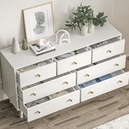 SINROM 55” White Dresser, 7 Drawer Dresser for Bedroom with Wide Drawers and Gold Knobs, Wood Dressers & Chests of Drawers SINROM