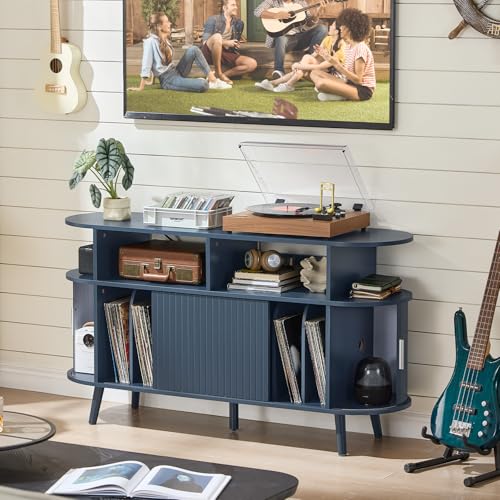 LELELINKY Extra Large Round Record Player Stand with Charging Station & Fluted Panel, Mid Century Modern Turntable Cabinet with Vinyl Storage, Arched Wood Record Player Table for Living Room,Blue LELELINKY