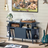 LELELINKY Extra Large Round Record Player Stand with Charging Station & Fluted Panel, Mid Century Modern Turntable Cabinet with Vinyl Storage, Arched Wood Record Player Table for Living Room,Blue LELELINKY