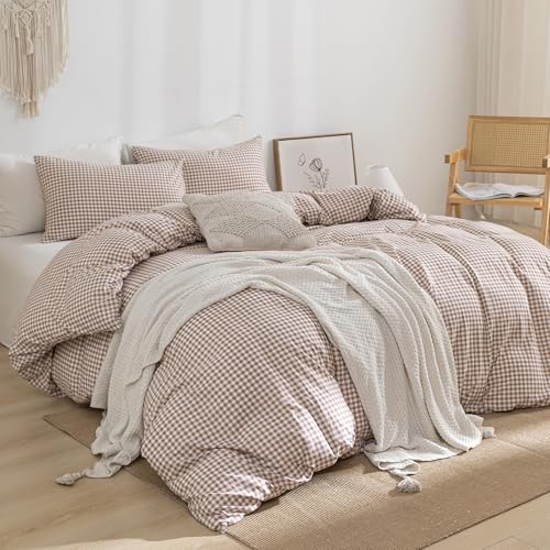 YHJWW Tan Gingham Duvet Cover Bedding Set Prewashed Extra Soft Comfy Breathable 3 Piece Brown Plaid Checkered Grid Vintage Comforter Cover Set Cute Aesthetic (Full 80"x90", No Comforter) YHJWW