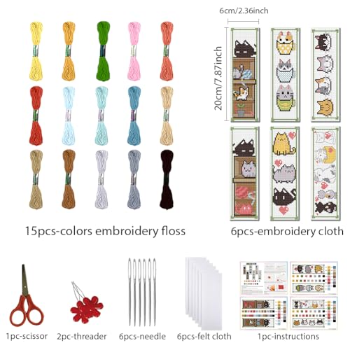 FREEBLOSS 6 Set Cross Stitch Bookmark Kit Counted Cross Stitch Kit Embroidery Bookmarks with Instruction Cartoon Cat Embroidery Kit for Beginners Adults 8''x2.4''